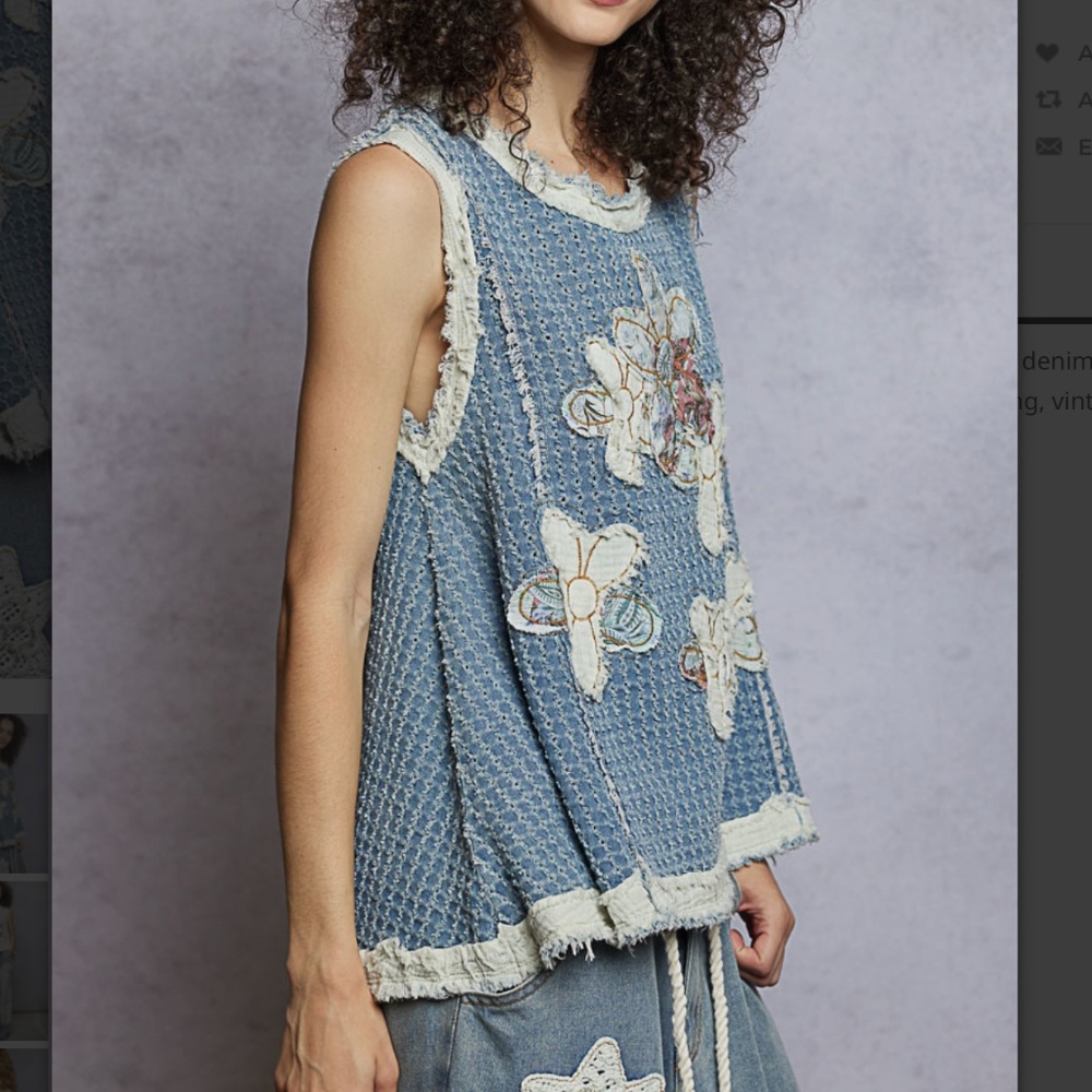 ❤️ POL “ Mary “ POL Denim Top with Double Gauze Flower Patch 44 - Picture 4 of 7